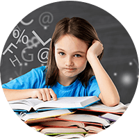 Young girl sitting with stack of books looking frustrated