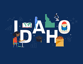 Word 'Idaho' decorated with education illustrations