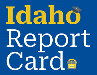 word 'Idaho' surrounded by illustrations of microscope, kid writing at desk, kid reading, graduation cap, blue bird, and sack of potatoes