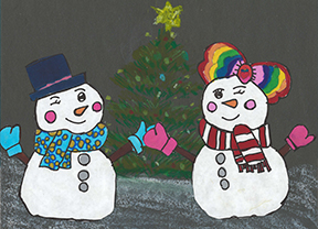 Winking snowmen with Christmas tree in the background
