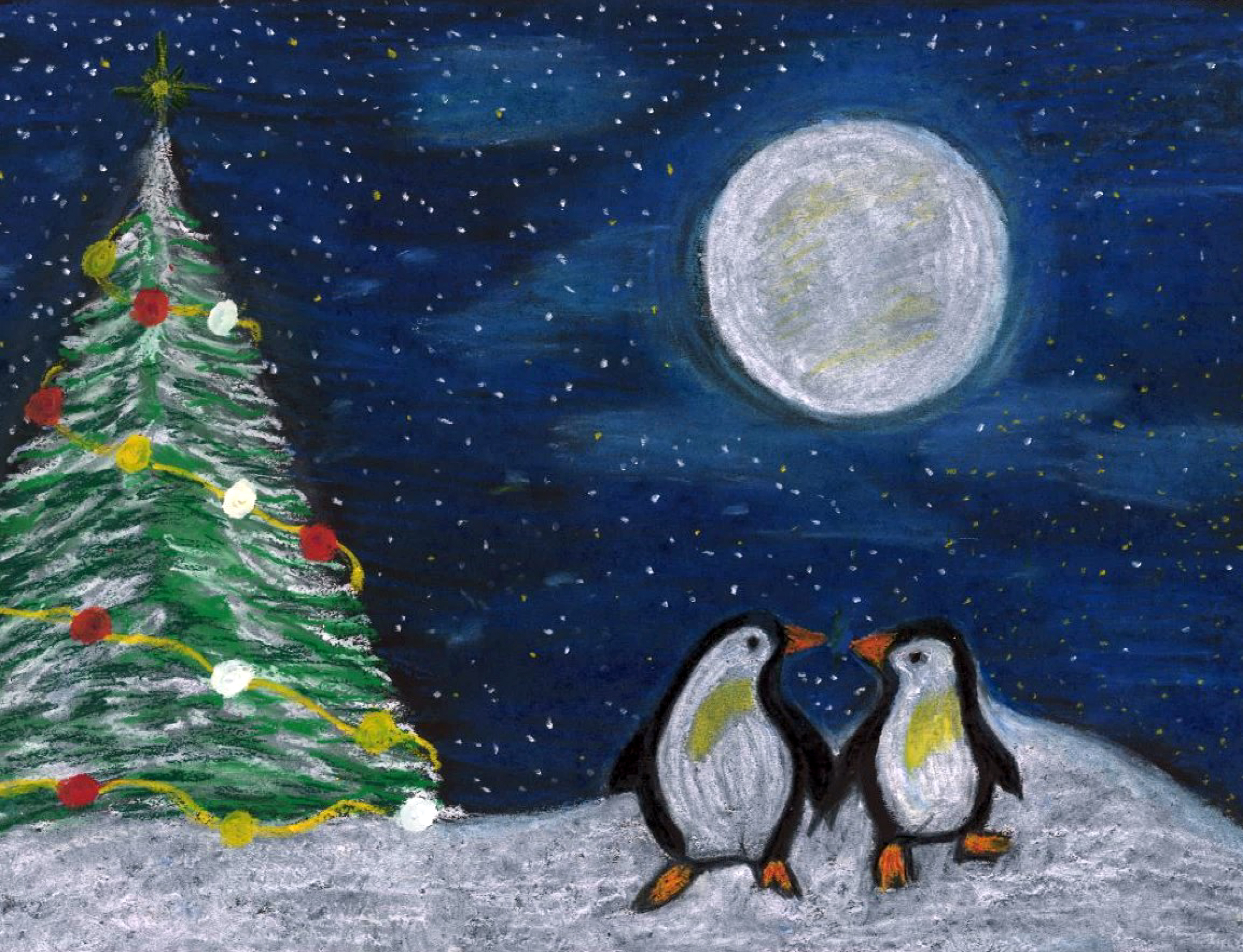 Penguins and a Christmas tree with a starry night sky in the background