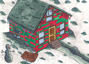 Red and green brick house with snowman and sled in front yard