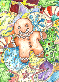 Watercolor of colorful frosted Christmas cookies with a gingerbread man on top