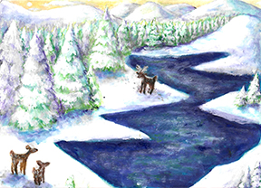 Oil pastel drawing of deer next to river running through a snowy forest