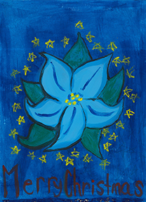 Light blue poinsettia surrounded by yellow stars on a dark blue background with the words 'Merry Christmas'