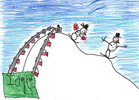 Two snowmen skiing down a steep hill