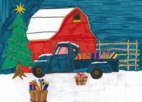 Truck filled with presents parked in front of a barn on a holiday evening