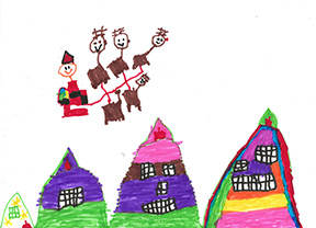 Santa and his sleigh flying over colorful houses